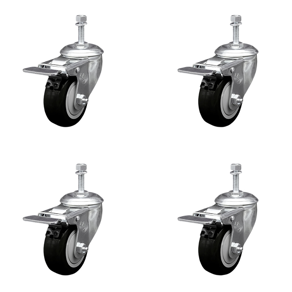 SCC-TSTTL20S3514-PPUB-BLK-M1015-4 Polyurethane Swivel Threaded Stem Caster with 3.5 x 1.25 in. Black Wheels & 10 mm Stems - Set of 4