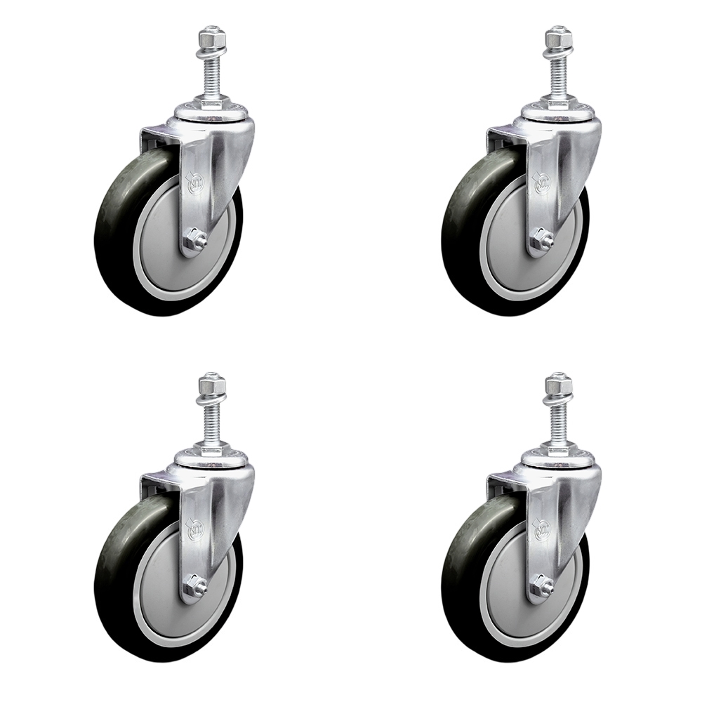 SCC-SSTS20S514-PPUB-BLK-M1015-4 Stainless Steel Polyurethane Swivel Threaded Stem Caster with 5 x 1.25 in. Black Wheels & 10 mm Stems - Set of 4