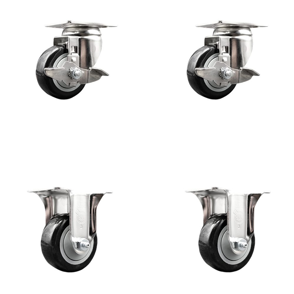 SCC-SS31620S314-PPUB-BLK-TLB-2-R-2 Polyurethane Swivel Top Plate Caster with 3 in. 316 Stainless Steel Black Wheels - Set of 4