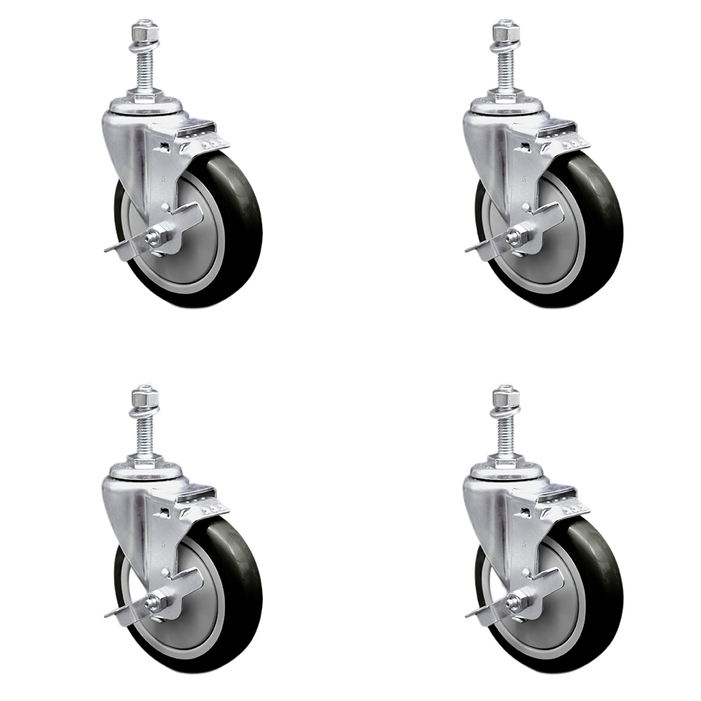 SCC-SSTS20S514-PPUB-BLK-TLB-M1015-4 Stainless Steel Polyurethane Swivel Threaded Stem Caster with 5 x 1.25 in. Black Wheels & 10 mm Stems - Set of 4