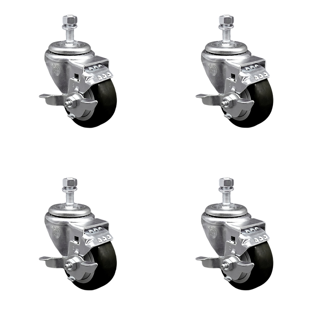 SCC-TS20S314-PPUB-BLK-TLB-M1215-4 Polyurethane Swivel Threaded Stem Caster with 3 x 1.25 in. Black Wheels & 12 mm Stems - Set of 4