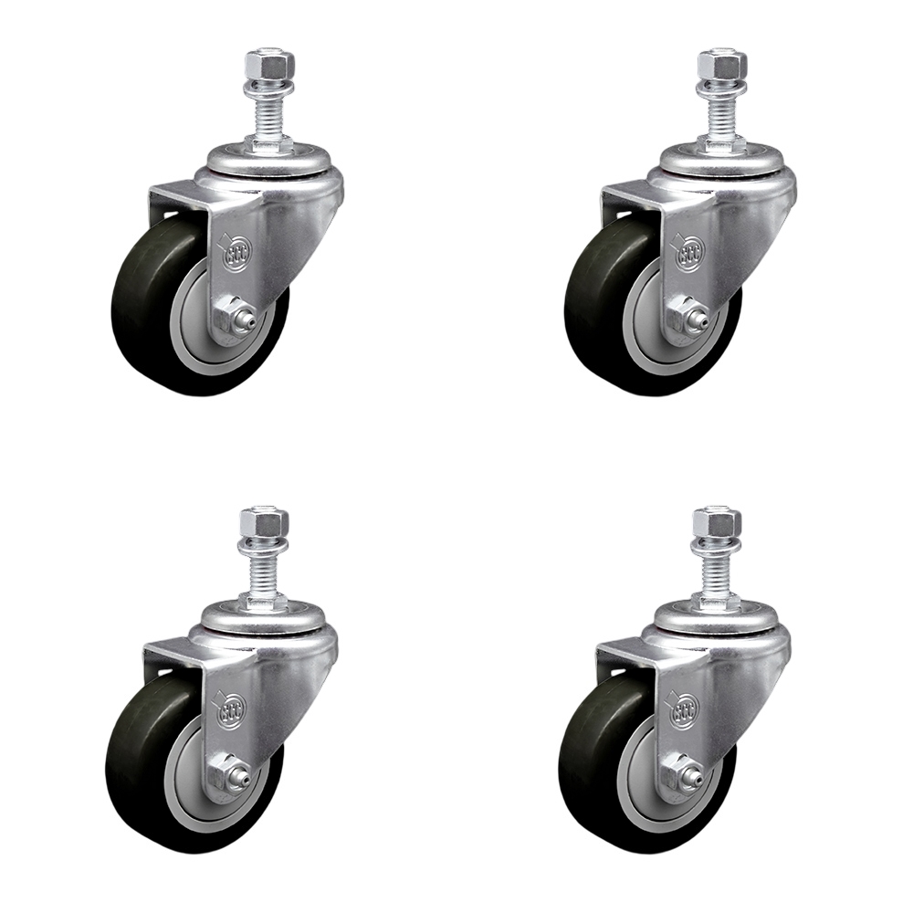 SCC-SSTS20S314-PPUB-BLK-M1215-4 Stainless Steel Polyurethane Swivel Threaded Stem Caster with 3 x 1.25 in. Black Wheels & 12 mm Stems - Set of 4