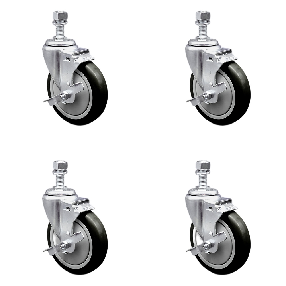 SCC-SSTS20S514-PPUB-BLK-TLB-M1215-4 Stainless Steel Polyurethane Swivel Threaded Stem Caster with 5 x 1.25 in. Black Wheels & 12 mm Stems - Set of 4