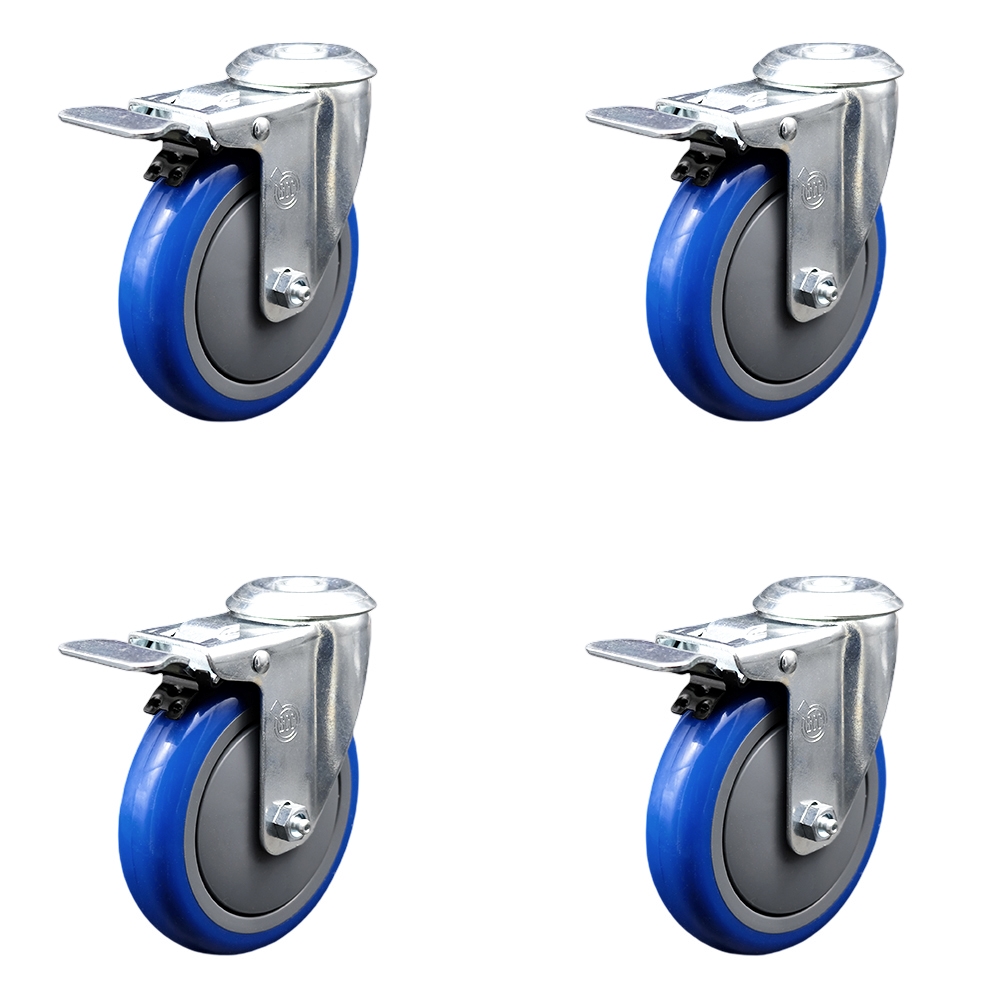 SCC-SSBHTTL20S514-PPUB-BLUE-4 Stainless Steel Polyurethane Swivel Bolt Hole Caster with 5 x 1.25 in. Blue Wheels - Set of 4