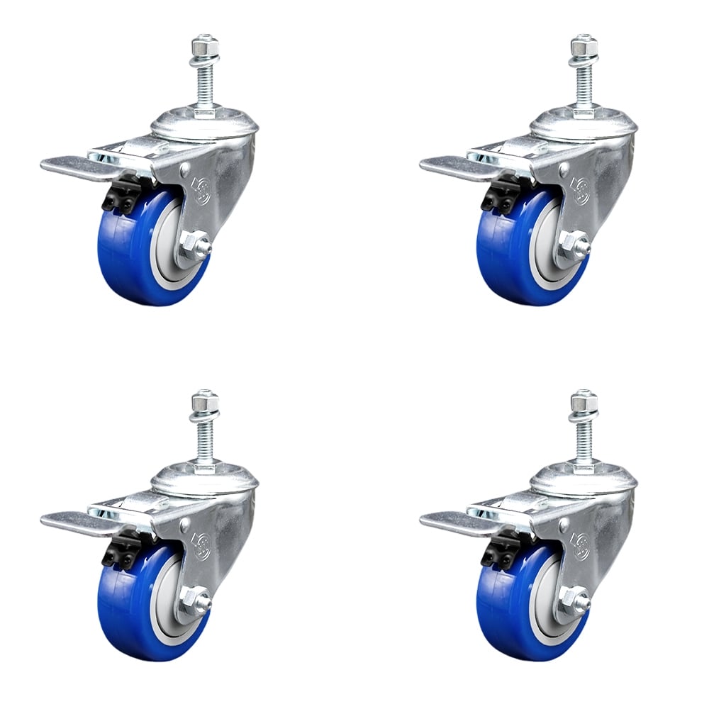 SCC-TSTTL20S314-PPUB-BLUE-M1015-4 Polyurethane Swivel Threaded Stem Caster with 3 x 1.25 in. Blue Wheels & 10 mm Stems - Set of 4