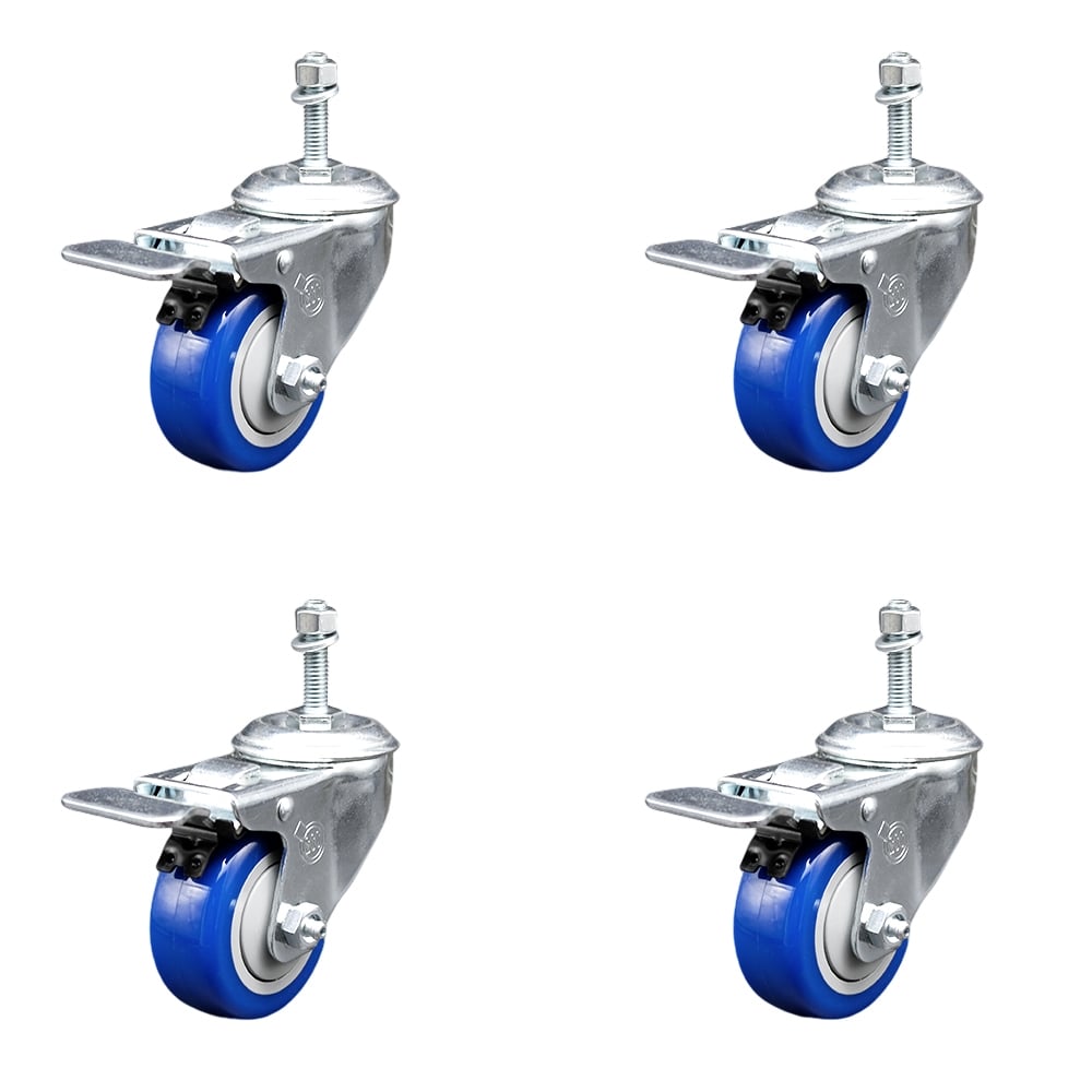 SCC-SSTSTTL20S314-PPUB-BLUE-M1015-4 Stainless Steel Polyurethane Swivel Threaded Stem Caster with 3 x 1.25 in. Blue Wheels & 10 mm Stems - Set of 4