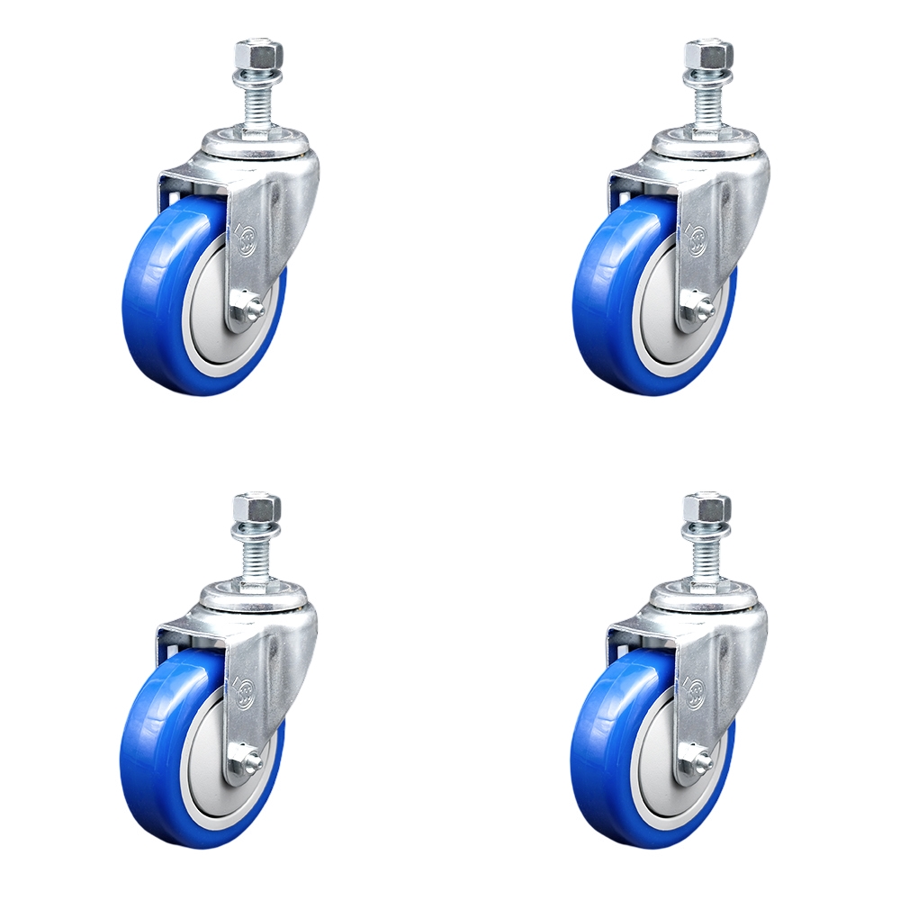 SCC-SSTS20S414-PPUB-BLUE-M1215-4 Stainless Steel Polyurethane Swivel Threaded Stem Caster with 4 x 1.25 in. Blue Wheels & 12 mm Stems - Set of 4