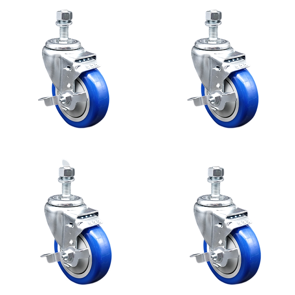 SCC-SSTS20S414-PPUB-BLUE-TLB-M1215-4 Stainless Steel Polyurethane Swivel Threaded Stem Caster with 4 x 1.25 in. Blue Wheels & 12 mm Stems - Set of 4