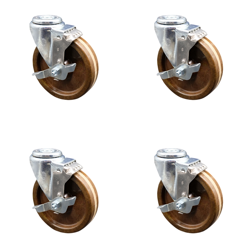 SCC-SSBH20S514-PHSHT-TLB-4 Stainless Steel High Temperature Phenolic Swivel Bolt Hole Caster with 5 x 1.25 in. Brown Wheels - Set of 4