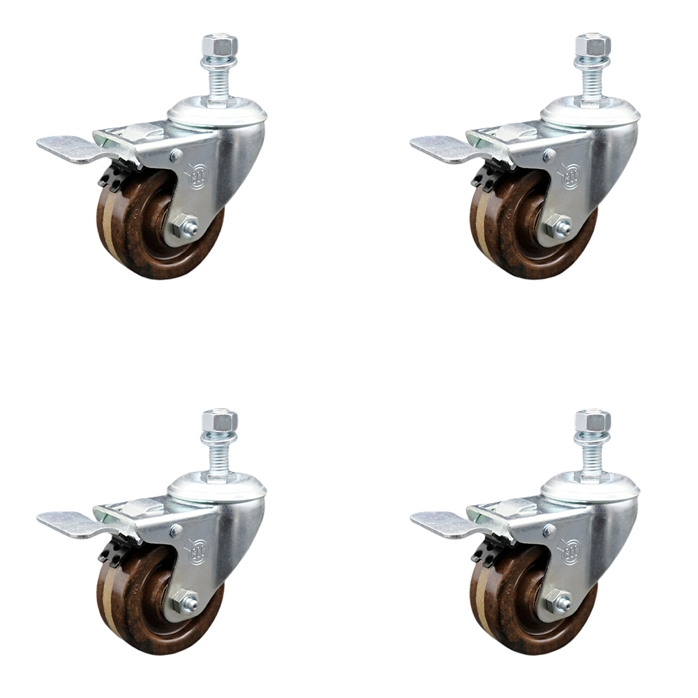 Stainless Steel High Temperature Phenolic Swivel Threaded Stem Caster with 3 x 1.25 in. Brown Wheels & 0.5 in. Stems - Set of 4