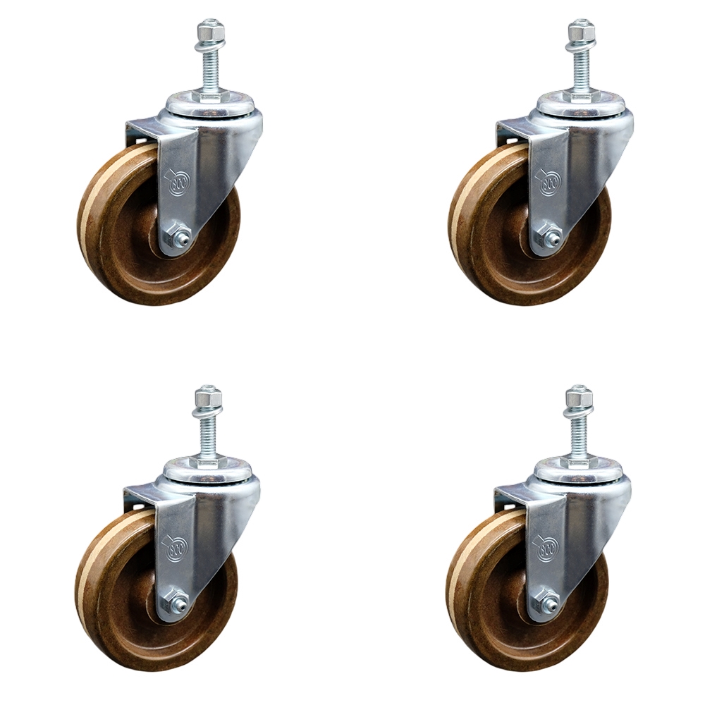 Stainless Steel High Temperature Phenolic Swivel Threaded Stem Caster with 4 x 1.25 in. Brown Wheels & 0.38 in. Stems - Set of 4