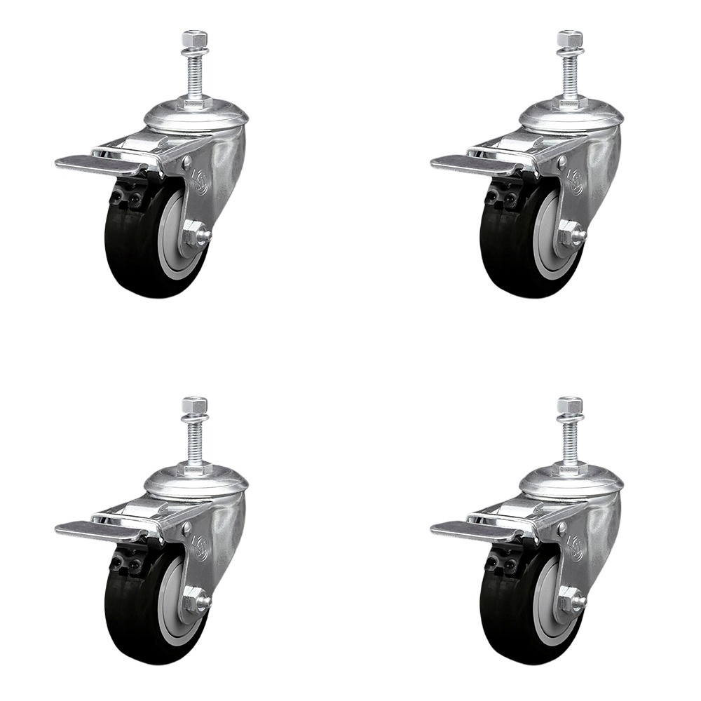 SCC-TSTTL20S3514-PPUB-BLK-381615-4 Polyurethane Swivel Threaded Stem Caster with 3.5 x 1.25 in. Black Wheels & 0.38 in. Stems - Set of 4