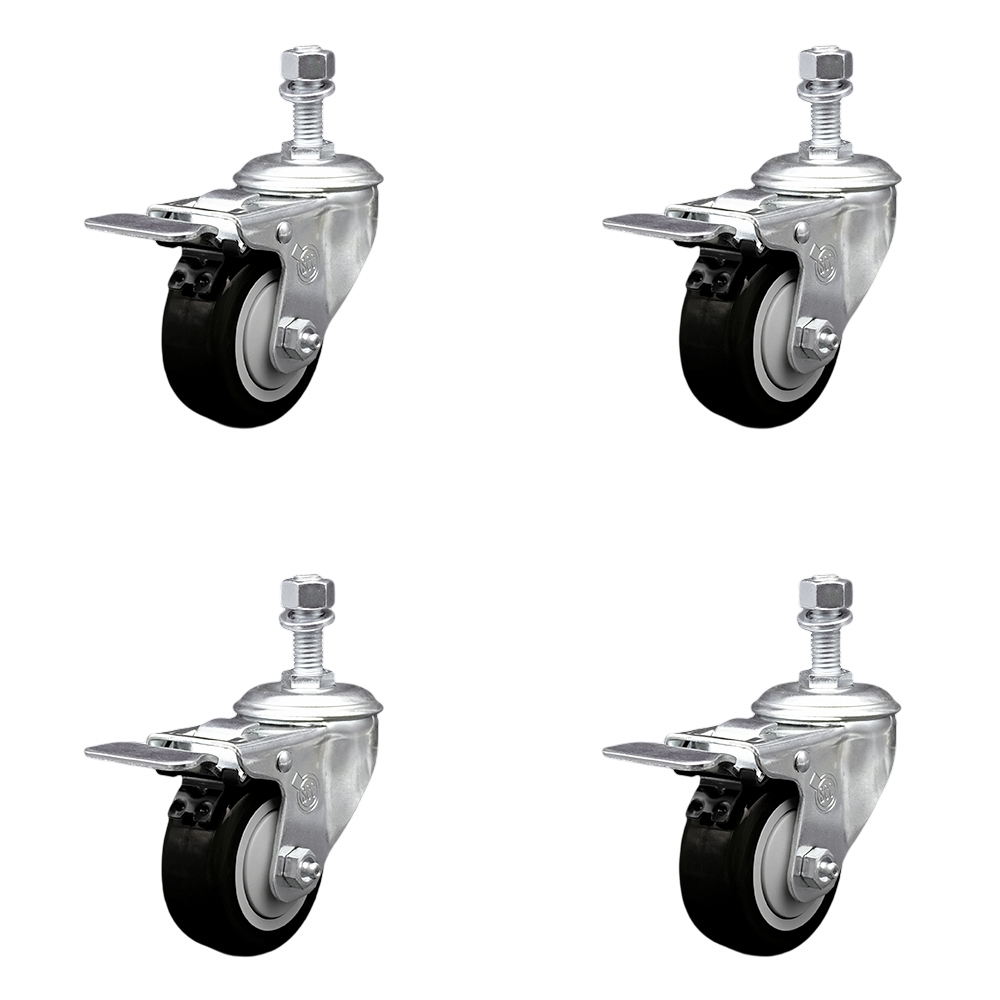 SCC-TSTTL20S314-PPUB-BLK-M1215-4 Polyurethane Swivel Threaded Stem Caster with 3 x 1.25 in. Black Wheels & 12 mm Stems - Set of 4