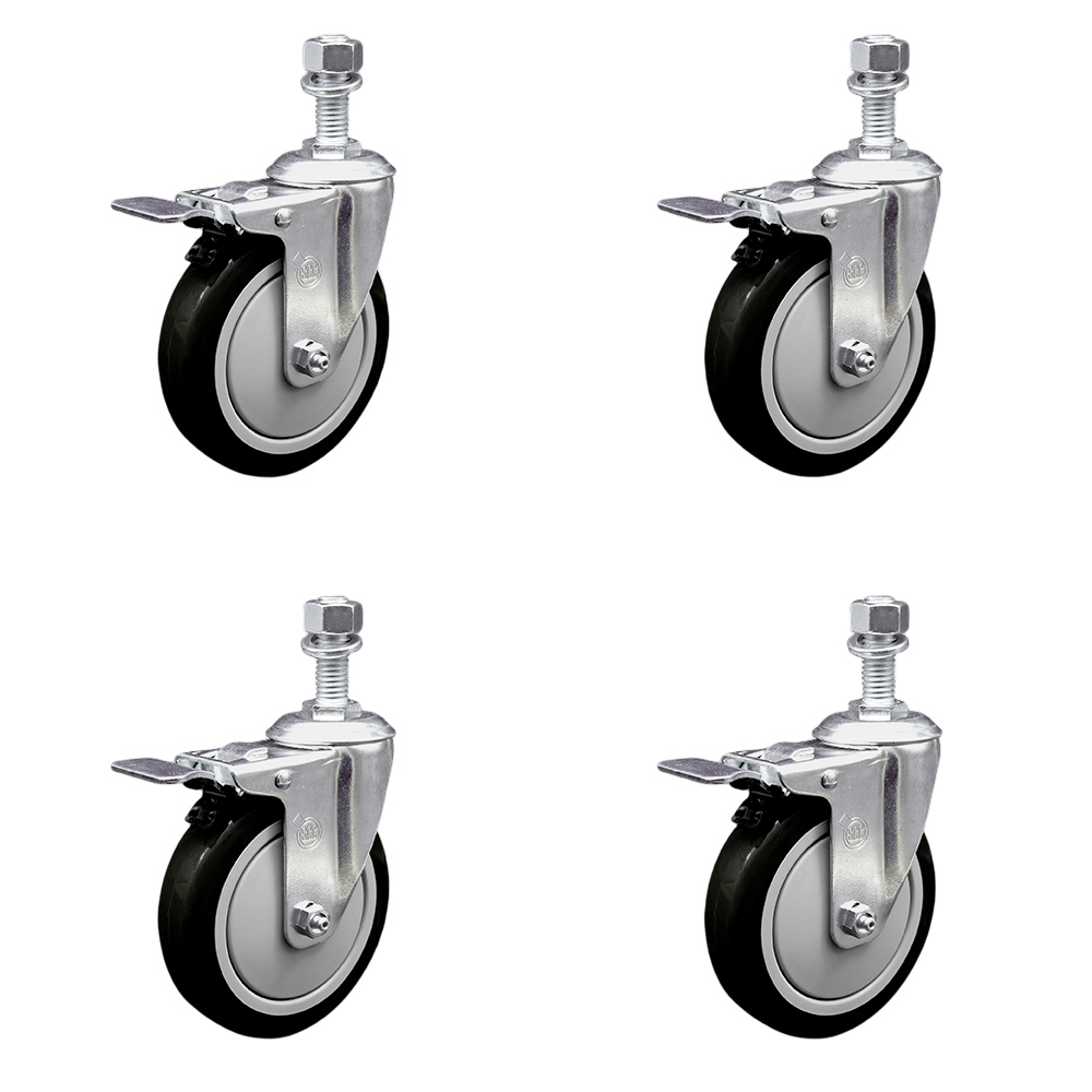 SCC-SSTSTTL20S514-PPUB-BLK-M1215-4 Stainless Steel Polyurethane Swivel Threaded Stem Caster with 5 x 1.25 in. Black Wheels & 12 mm Stems - Set of 4