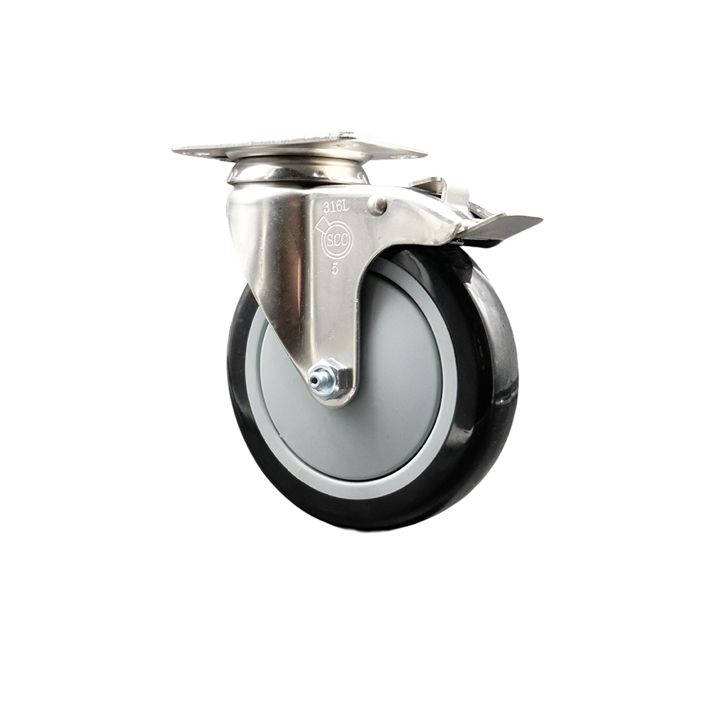 SCC-SS316TTL20S514-PPUB-BLK Polyurethane Swivel Top Plate Caster with 5 in. 316 Stainless Steel Black Caster Wheel & Total Lock Brake