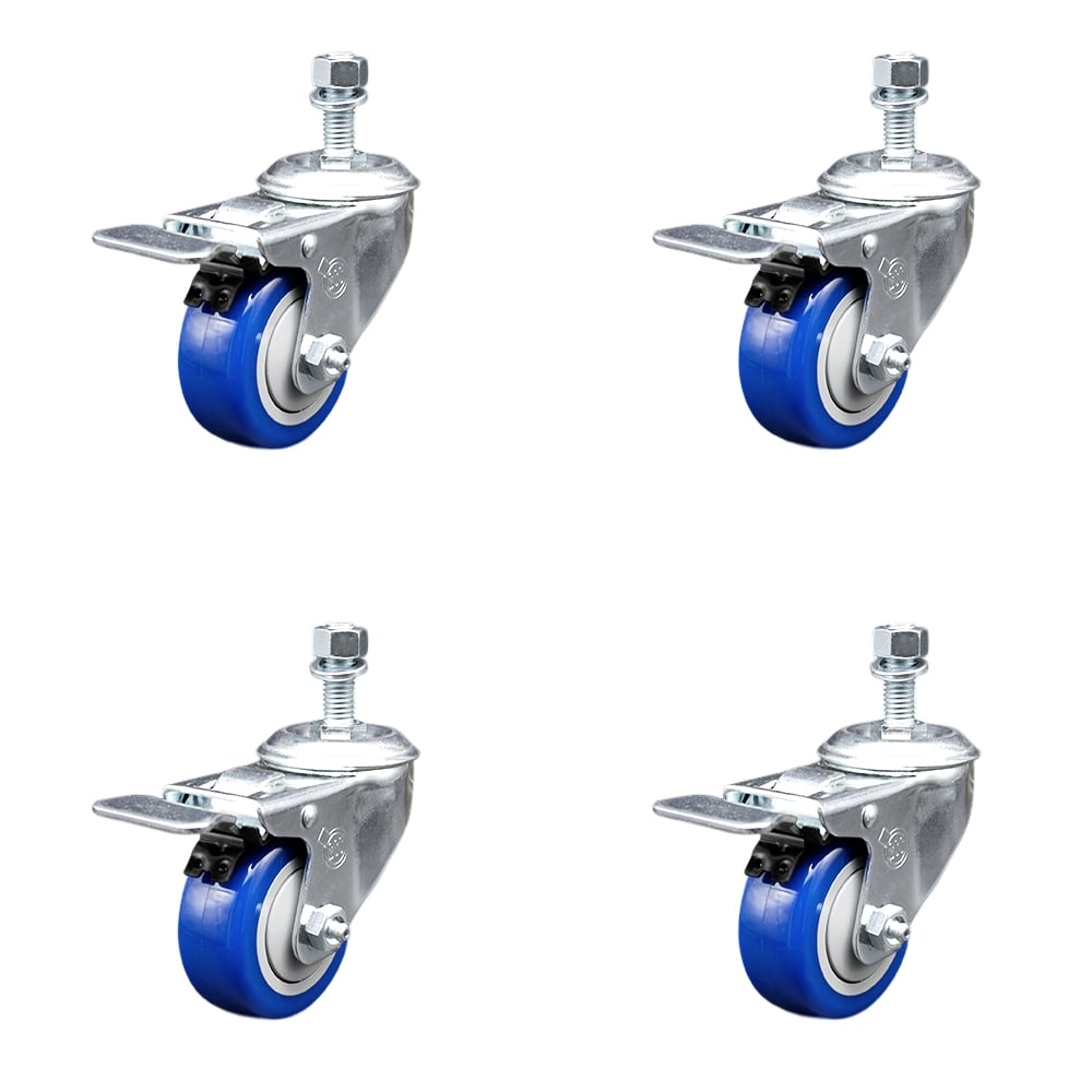 Stainless Steel Polyurethane Swivel Threaded Stem Caster with 3 x 1.25 in. Blue Wheels & 0.5 in. Stems - Set of 4