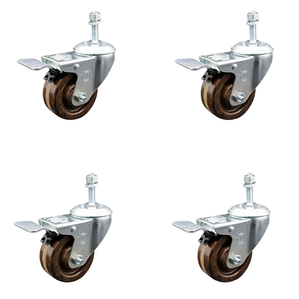 Stainless Steel High Temperature Phenolic Swivel Threaded Stem Caster with 3 x 1.25 in. Brown Wheels & 0.38 in. Stems - Set of 4