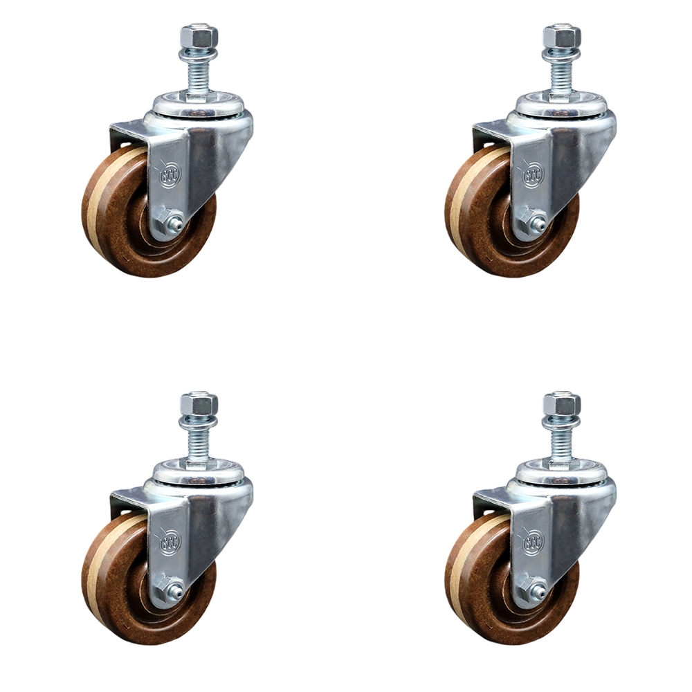Stainless Steel High Temperature Phenolic Swivel Threaded Stem Caster with 3 x 1.25 in. Brown Wheels & 12 mm Stems - Set of 4
