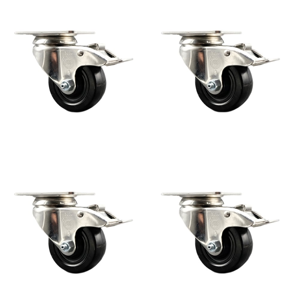 SCC-SS316TTL20S314-HRS-4 Hard Rubber Swivel Top Plate Caster with 3 in. Black Caster Wheels - 316 Stainless Steel Casters - Set of 4