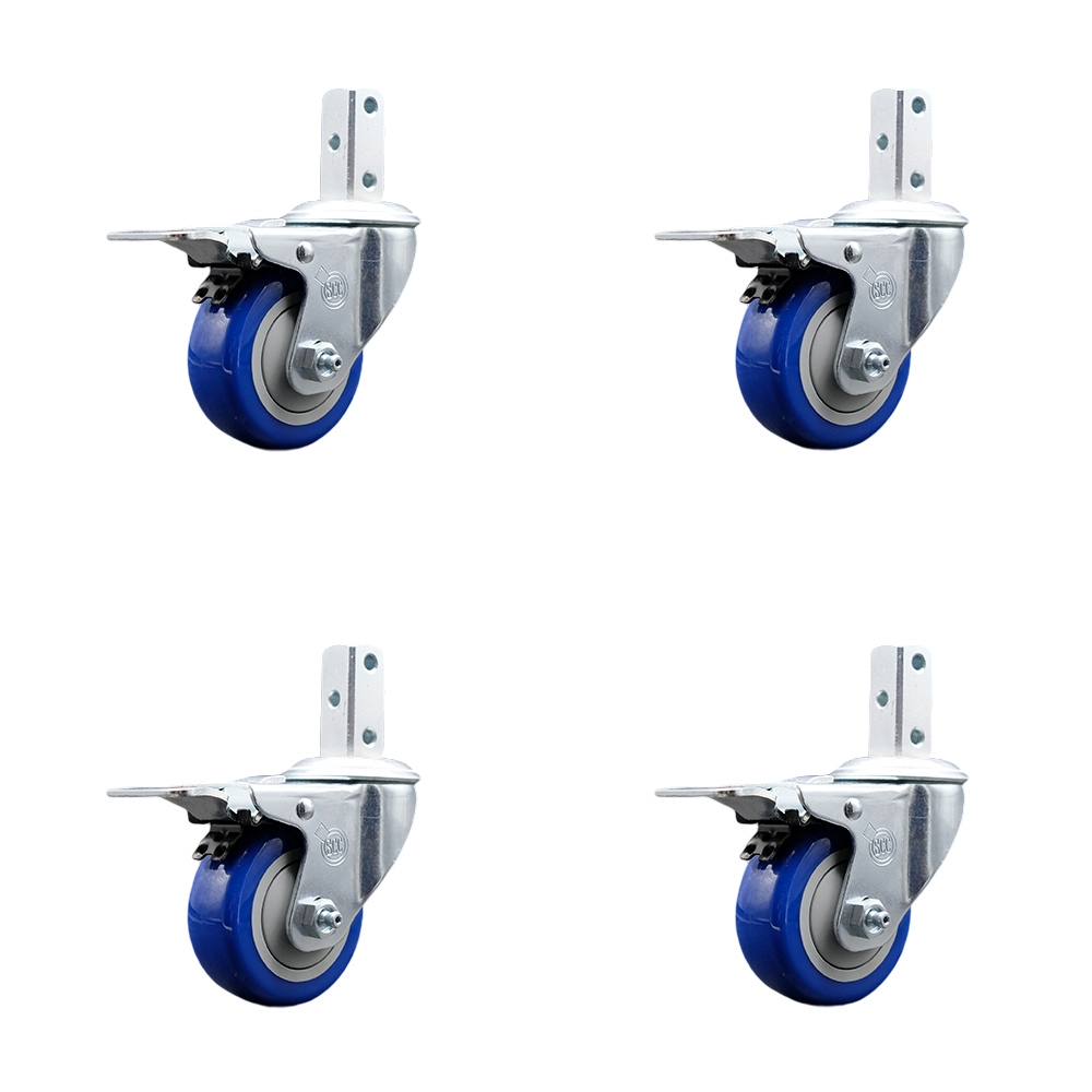 Swivel Square Stem Caster with 3 x 1.25 in. Blue Poly Wheel, 0.87 x 2 in. Square Stem with 3 0.26 in. Diameter Mounting Holes - Set of 4