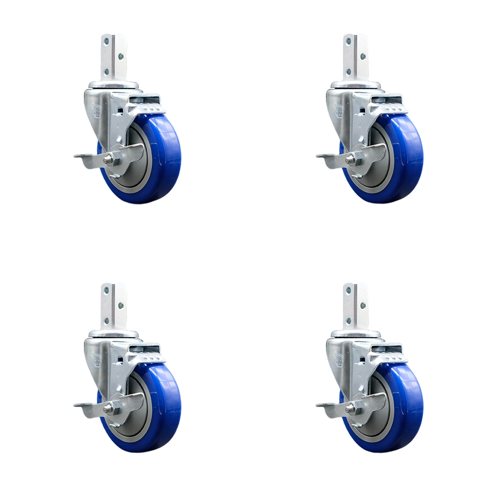 Swivel Square Stem Caster with 4 x 1.25 in. Blue Poly Wheel, 0.87 x 2 in. Square Stem with 3 0.26 in. Diameter Mounting Holes - Set of 4