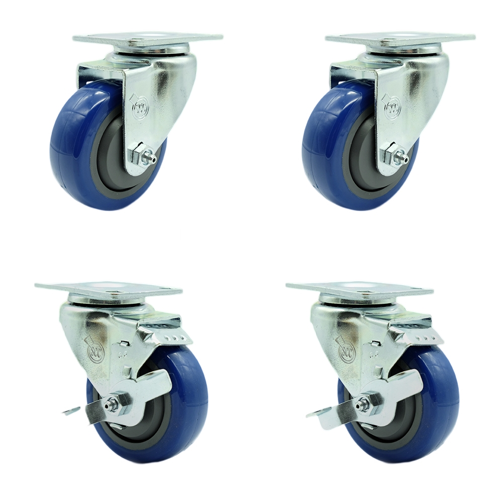 SCC-SS20S3514-PPUB-BLUE-2-TLB-2 Stainless Steel Polyurethane Swivel Top Plate Caster with 3.5 x 1.25 in. Blue Wheels - Set of 4