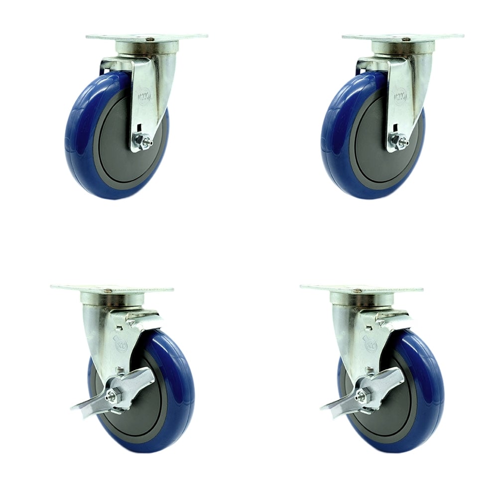 SCC-20S514-PPUB-BLUE-TPU1-2-TLB-2 Universal Kitchen Casters 5 in. Non Marking Poly Wheel - 2 Swivel & 2 Swivel with Brakes - Set of 4
