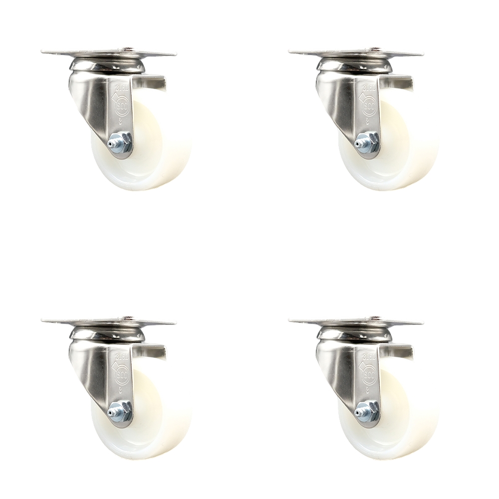 SCC-SS31620S314-NYS-4 Nylon Swivel Top Plate Caster with 3 in. White Caster Wheels - 316 Stainless Steel Casters - Set of 4