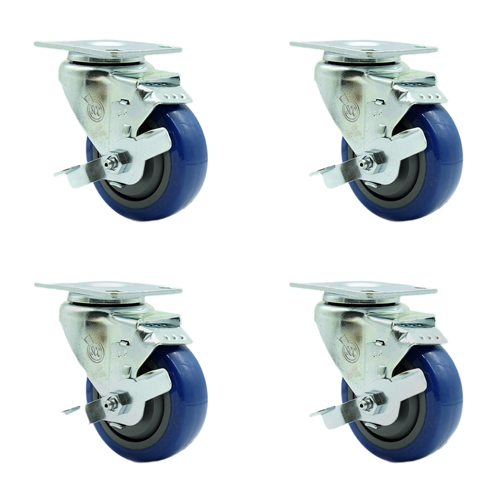 SCC-SS20S3514-PPUB-BLUE-TLB-4 Stainless Steel Polyurethane Swivel Top Plate Caster with 3.5 x 1.25 in. Blue Wheels - Set of 4