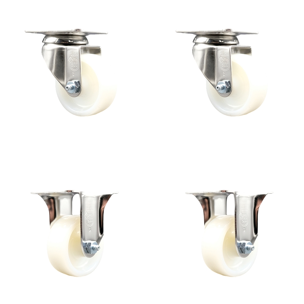 SCC-SS31620S314-NYS-2-R-2 Nylon Swivel Top Plate Caster with 3 in. White Caster Wheels - 316 Stainless Steel Casters - Set of 4