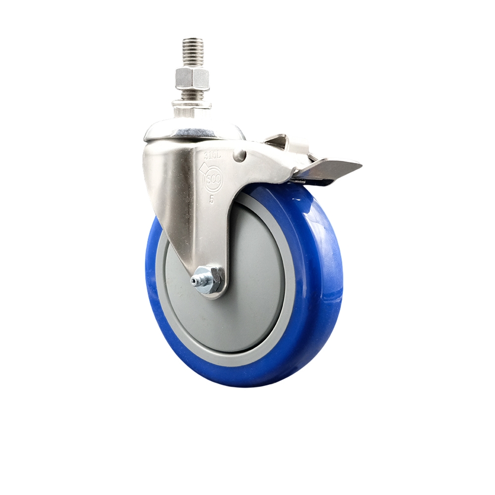 Polyurethane Swivel Stem Caster with 5 in. Blue Caster Wheels & Total Lock Brake, 0.5 in. Threaded Stem - 316 Stainless Steel Caster