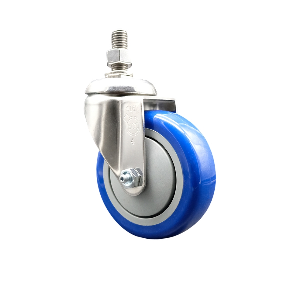 Polyurethane Swivel Stem Caster with 4 in. Blue Caster Wheels, 0.38 in. Threaded Stem - 316 Stainless Steel Caster