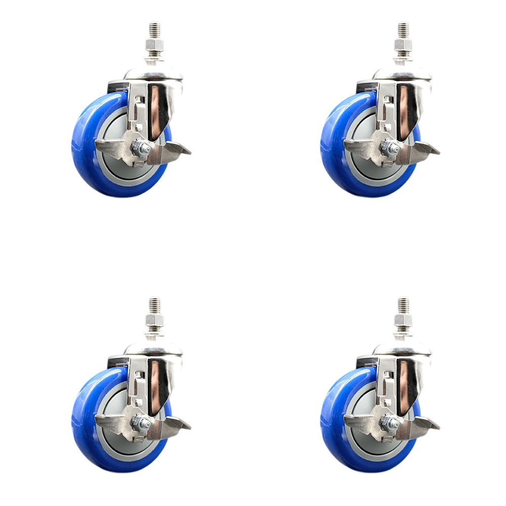 Polyurethane Swivel Stem Caster with 4 in. Blue Caster Wheels, 10 mm Threaded Stems - 316 Stainless Steel Casters - Set of 4
