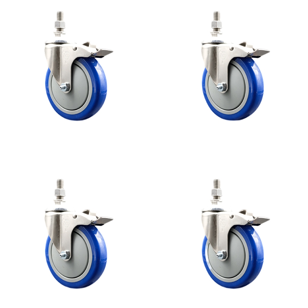 Polyurethane Swivel Stem Caster with 5 in. Blue Caster Wheels, 10 mm Threaded Stems - 316 Stainless Steel Casters - Set of 4