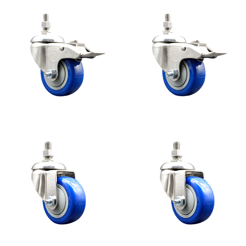 Poly Swivel Stem Caster with 3 in. Blue Caster Wheels, 12 mm Threaded Stems - 316 Stainless Steel Casters - Set of 4