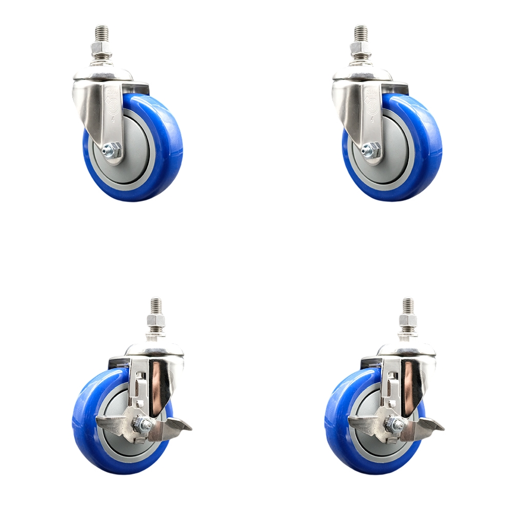 Poly Swivel Stem Caster with 4 in. Blue Caster Wheels, 12 mm Threaded Stems - 316 Stainless Steel Casters - Set of 4