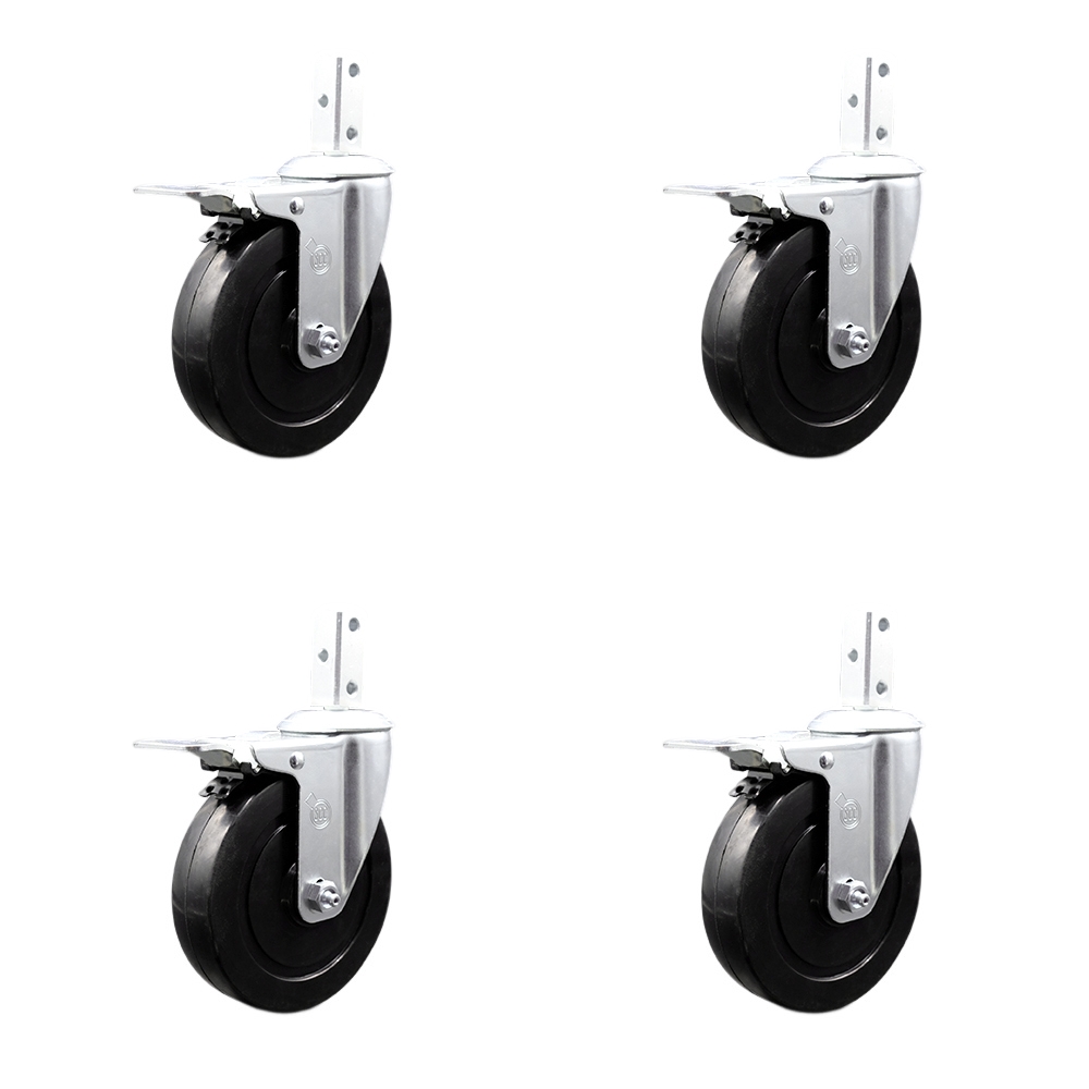 Swivel Square Stem Caster with 5 x 1.25 in. Black Hard Rubber Wheel, 0.87 x 2 in. Square Stem with 3 0.26 in. Diameter Mounting Hole - Set of 4