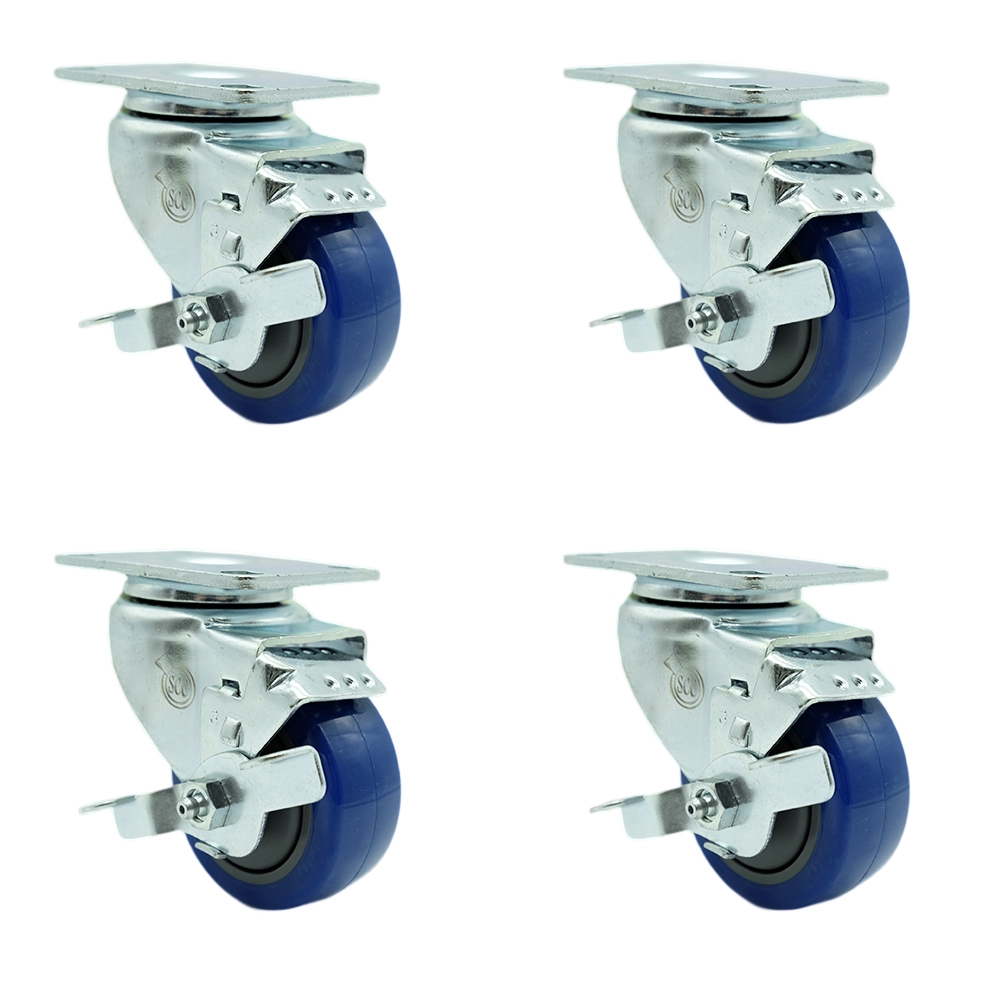 SCC-SS20S314-PPUB-BLUE-TLB-4 Stainless Steel Polyurethane Swivel Top Plate Caster with 3 x 1.25 in. Blue Wheels - Set of 4