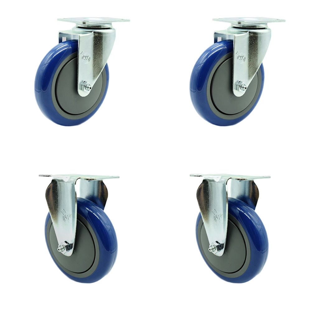 SCC-SS20S514-PPUB-BLUE-2-R514-2 Stainless Steel Polyurethane Swivel Top Plate Caster with 5 x 1.25 in. Blue Wheels - Set of 4