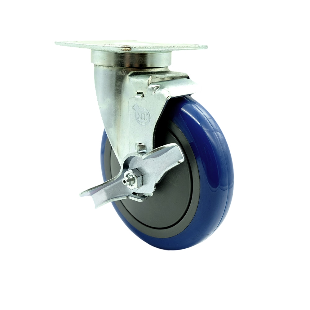 SCC-20S514-PPUB-BLUE-TLB-TPU1 Universal Kitchen Caster 5 in. Non Marking Blue Polyurethane Wheel Swivel with Brake