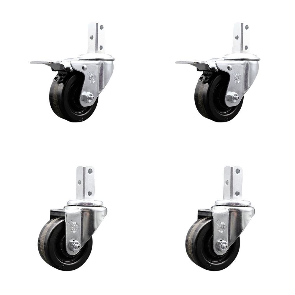 Swivel Square Stem Caster with 3 x 1.25 in. Black Phenolic Wheel, 0.75 x 2 in. Square Stem with 3 0.26 in. Diameter Mounting Holes - Set of 4