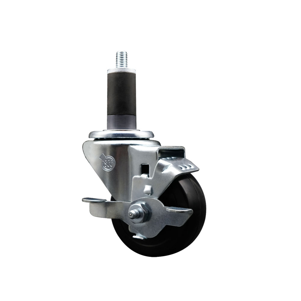 SCC-SSEX20S314-HRS-TLB-114 Stainless Steel Hard Rubber Swivel Expanding Stem Caster with 3 x 1.25 in. Black Wheel & 1.25 in. Stem & Top Locking Brake