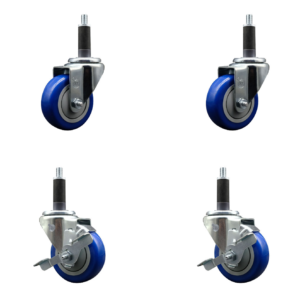 SCC-SSEX20S3514-PPUB-BLUE-2-TLB-2-1 Stainless Steel Polyurethane Swivel Expanding Stem Caster with 3.5 in. Blue Wheels & 1 in. Stems - Set of 4