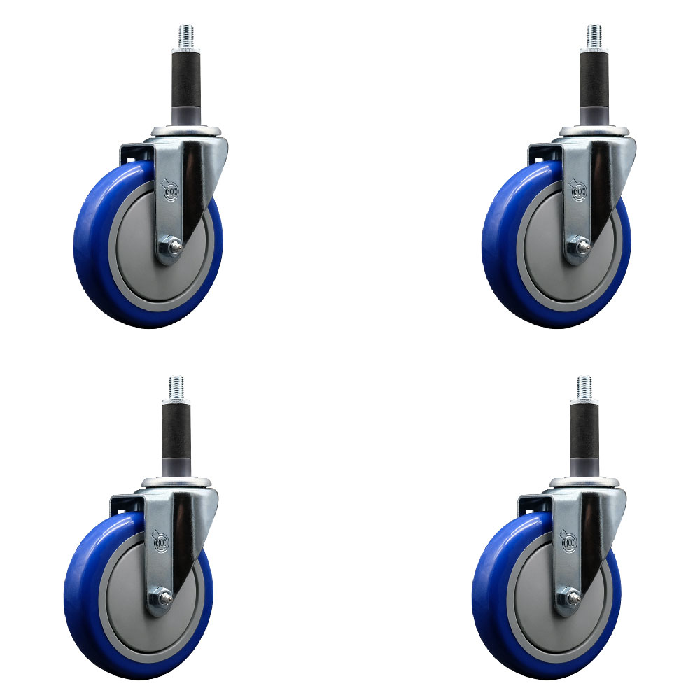 SCC-SSEX20S514-PPUB-BLUE-1-4 Stainless Steel Polyurethane Swivel Expanding Stem Caster with 5 in. Blue Wheels & 1 in. Stems - Set of 4