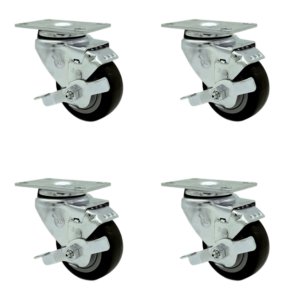 SCC-20S314-PPUB-BLK-TLB-4 Polyurethane Swivel Top Plate Caster with 3 in. Black Wheels - Set of 4