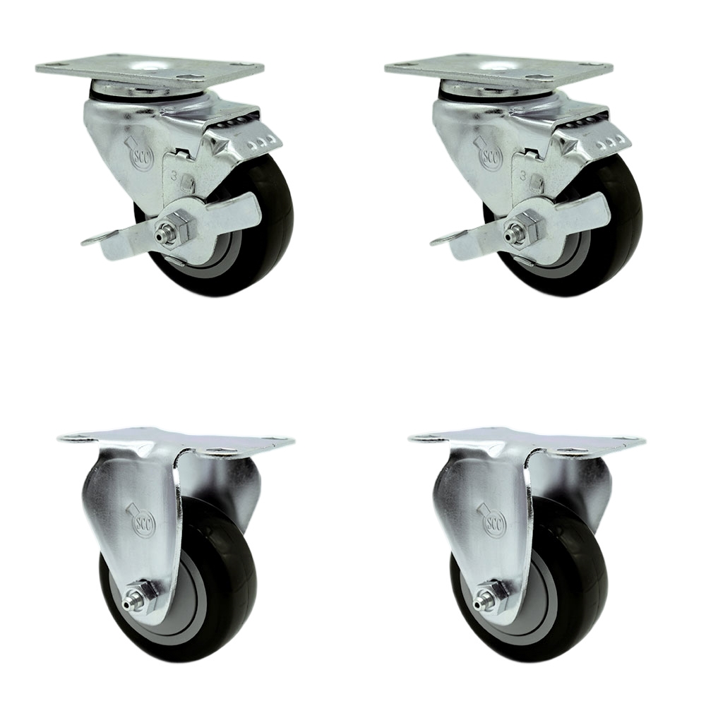 SCC-20S3514-PPUB-BLK-TLB-2-R3514-2 Polyurethane Swivel Top Plate Caster with 3.5 in. Black Wheels - Set of 4