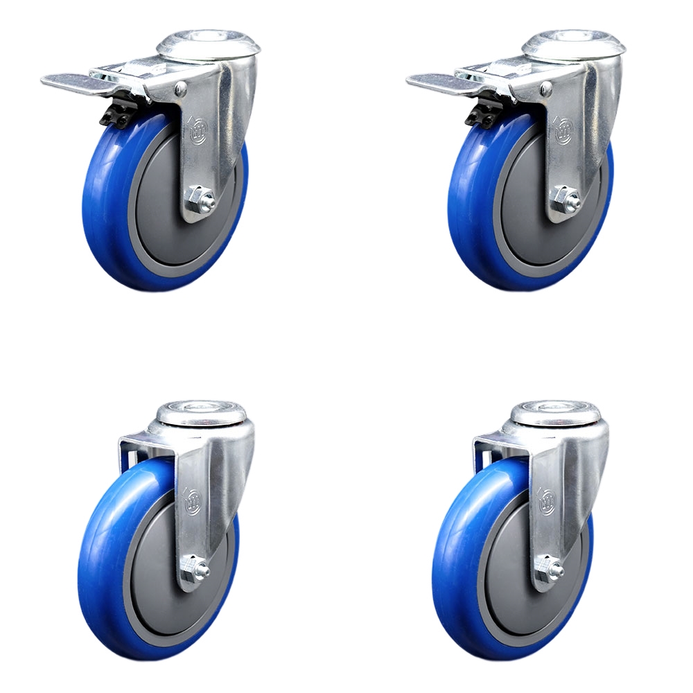 SCC-SSBHTTL20S514-PPUB-BLUE-2-S-2 Stainless Steel Polyurethane Swivel Bolt Hole Caster with 5 x 1.25 in. Blue Wheels - Set of 4