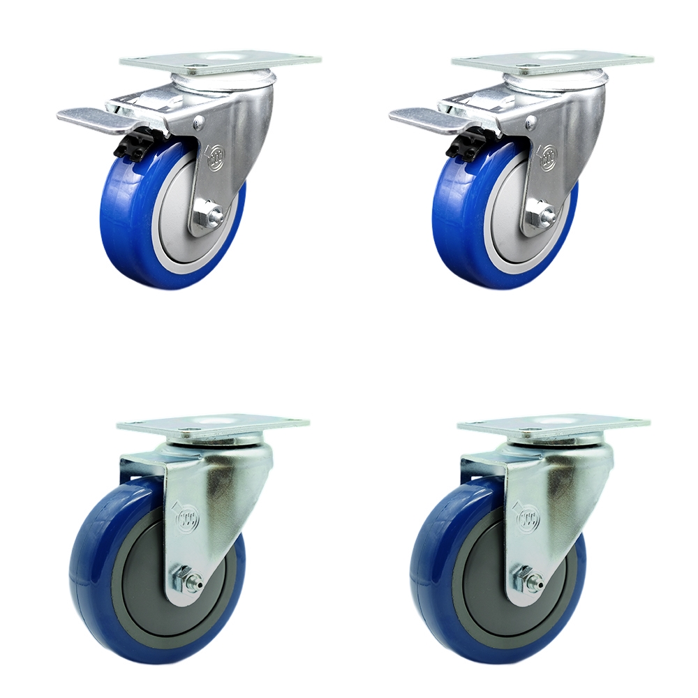 SCC-SSTTL20S414-PPUB-BLUE-2-S-2 Stainless Steel Polyurethane Swivel Top Plate Caster with 4 x 1.25 in. Blue Wheels - Set of 4