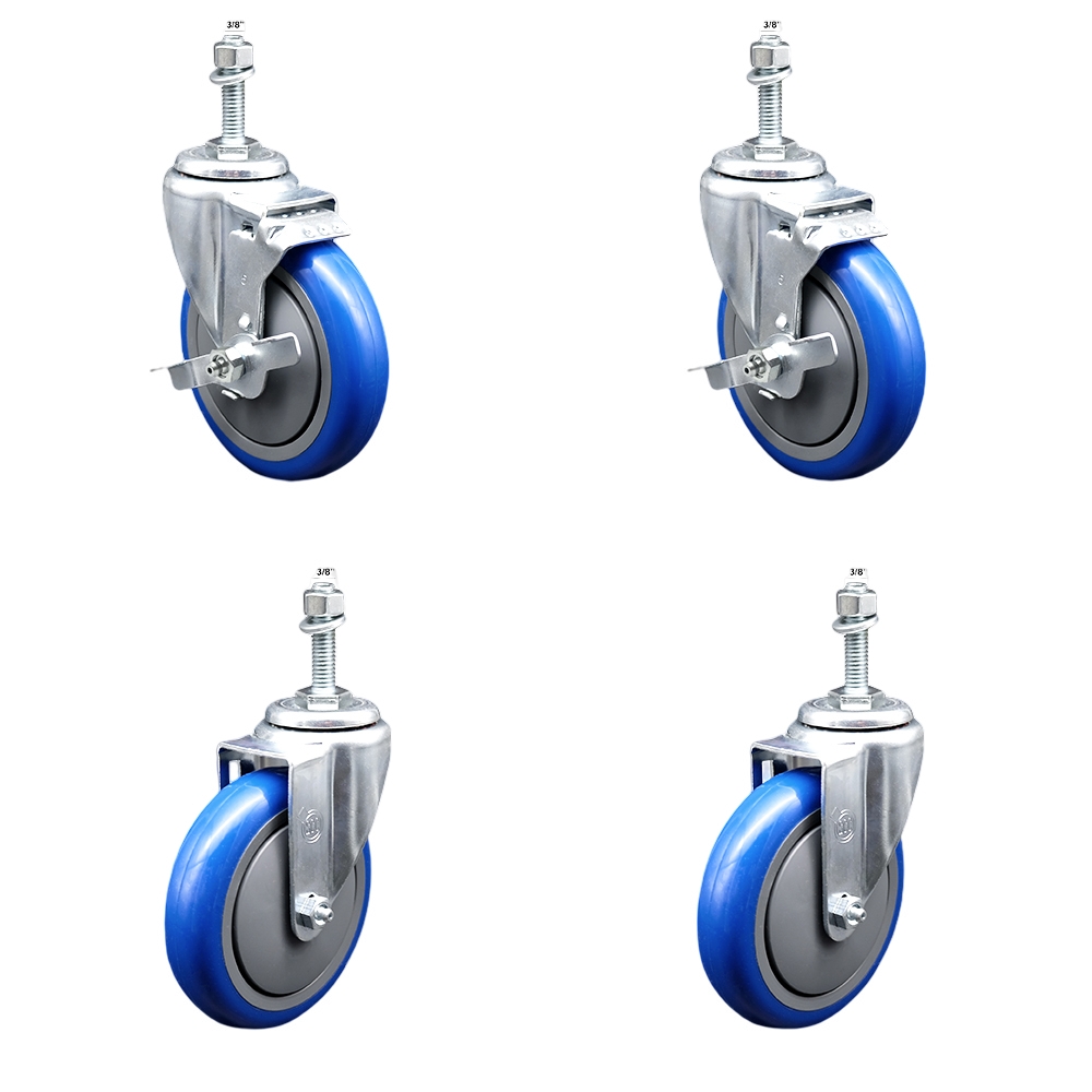 SCC-TS20S514-PPUB-BLUE-TLB-381615-2-S-2 Polyurethane Swivel Threaded Stem Caster with 5 x 1.25 in. Blue Wheels & 0.38 in. Stems - Set of 4
