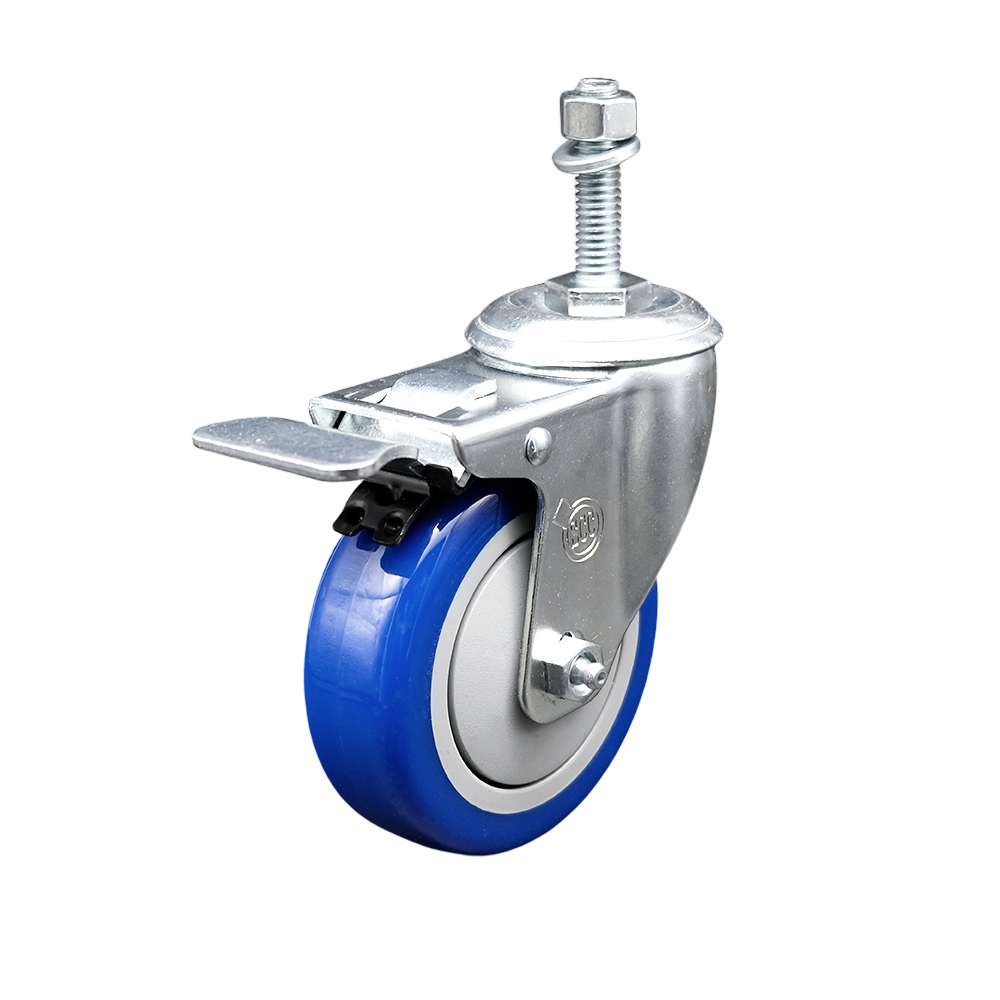 Stainless Steel Polyurethane Swivel Threaded Stem Caster with 4 x 1.25 in. Blue Wheel & 10 mm Stem & Total Locking Brake